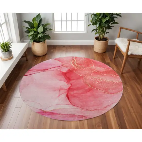8' Pink And Ivory Abstract Washable Round Rug With UV Protection Photo 2