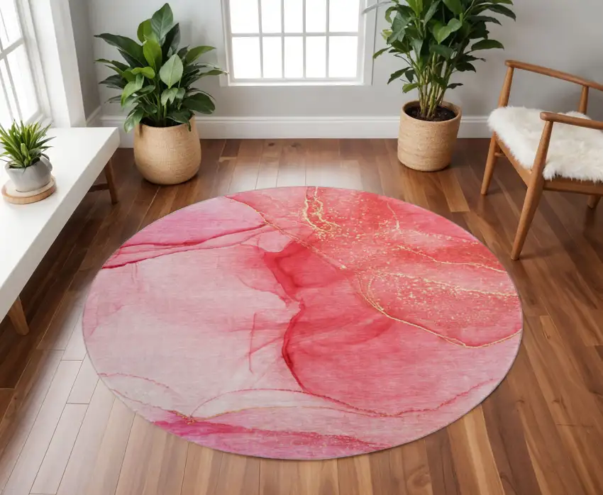 8' Pink And Ivory Abstract Washable Round Rug With UV Protection Photo 2