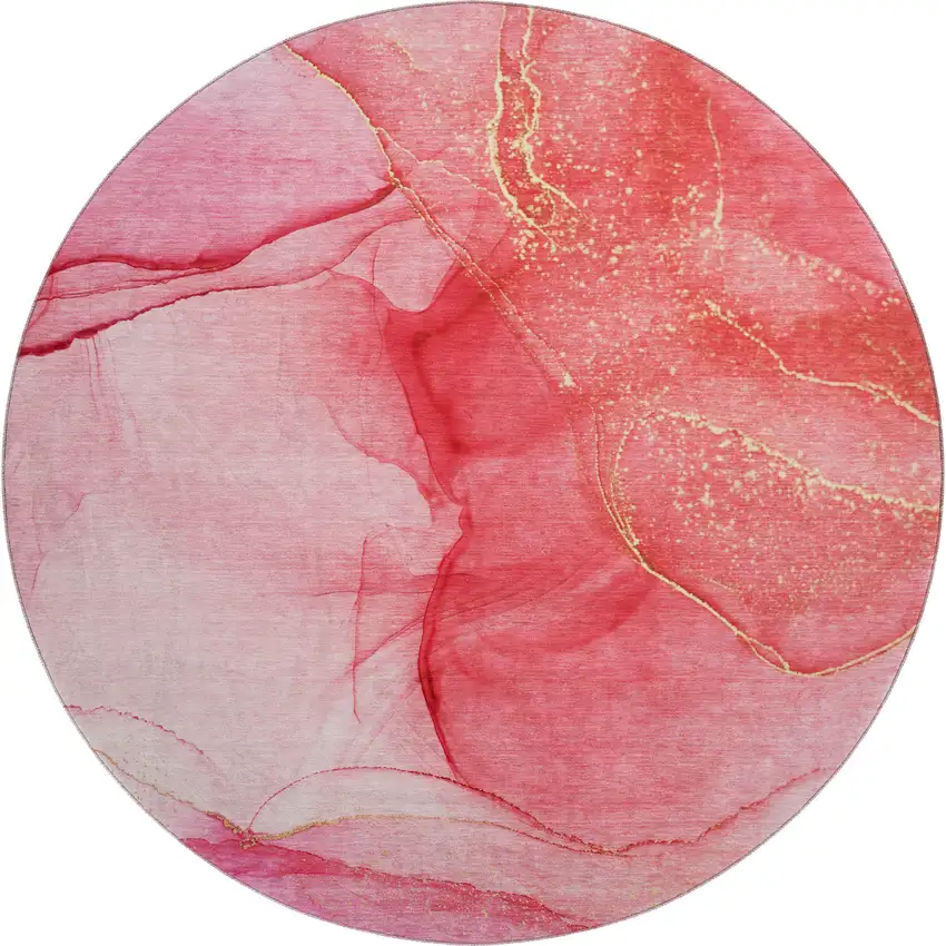 8' Pink And Ivory Abstract Washable Round Rug With UV Protection Photo 1
