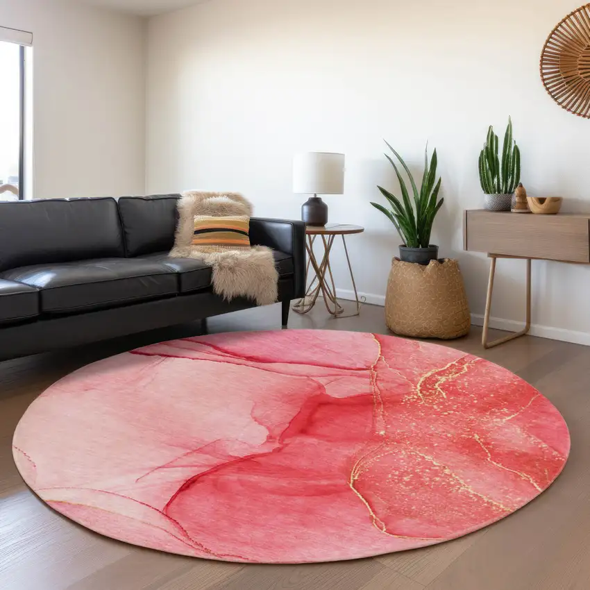 8' Pink And Ivory Abstract Washable Round Rug With UV Protection Photo 3