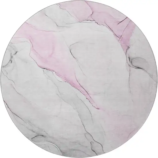 8' Pink And Ivory Abstract Washable Round Rug With UV Protection Photo 5
