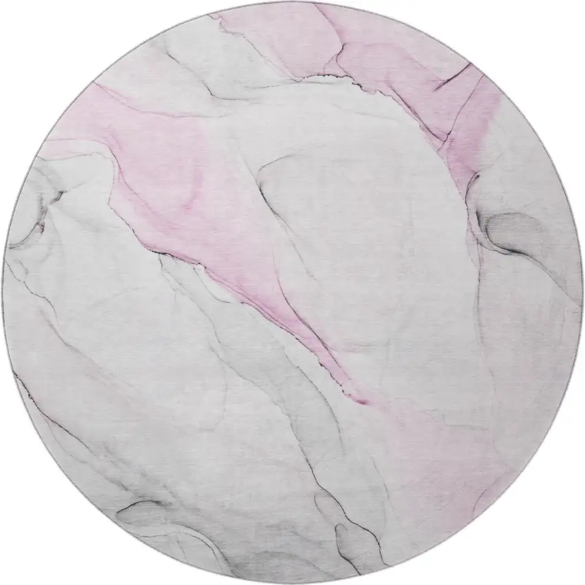 8' Pink And Ivory Abstract Washable Round Rug With UV Protection Photo 5
