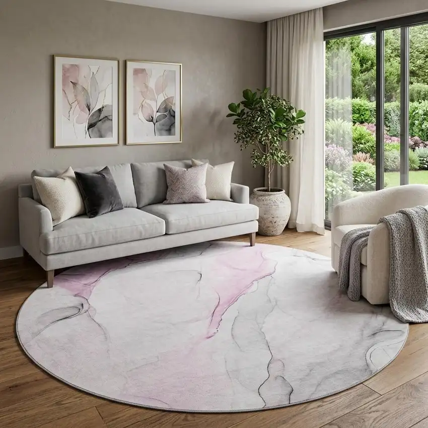 8' Pink And Ivory Abstract Washable Round Rug With UV Protection Photo 1