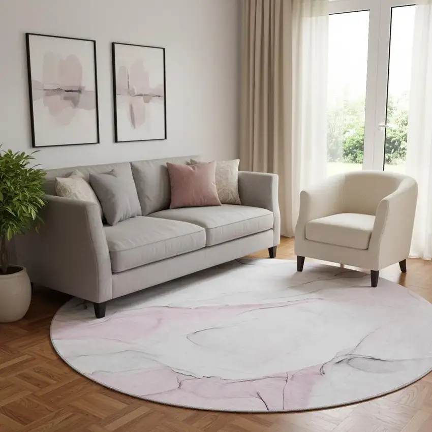 8' Pink And Ivory Abstract Washable Round Rug With UV Protection Photo 1