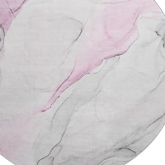 8' Pink And Ivory Abstract Washable Round Rug With UV Protection Photo 4
