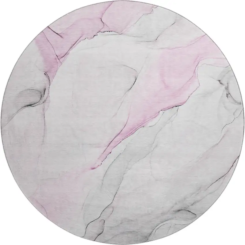 8' Pink And Ivory Abstract Washable Round Rug With UV Protection Photo 1