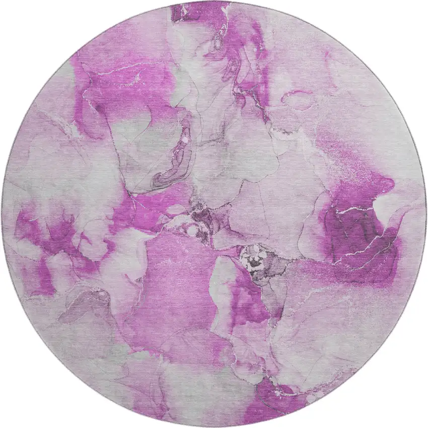 8' Pink And Ivory Abstract Washable Round Rug With UV Protection Photo 1