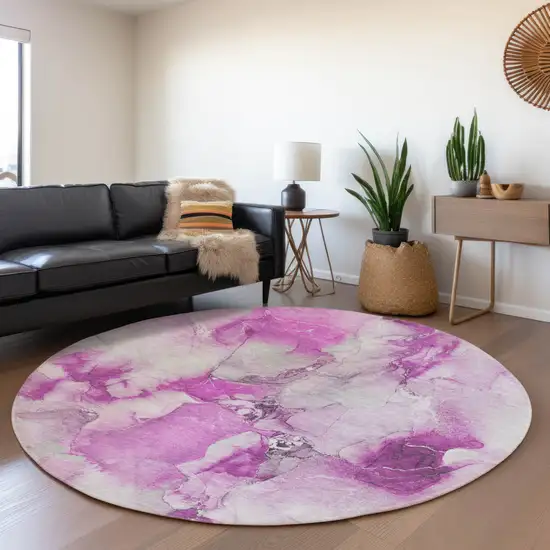 8' Pink And Ivory Abstract Washable Round Rug With UV Protection Photo 5