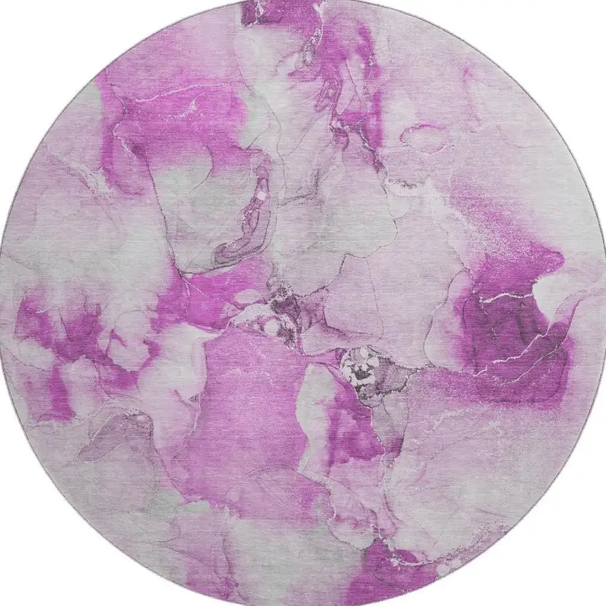 8' Pink And Ivory Abstract Washable Round Rug With UV Protection Photo 4