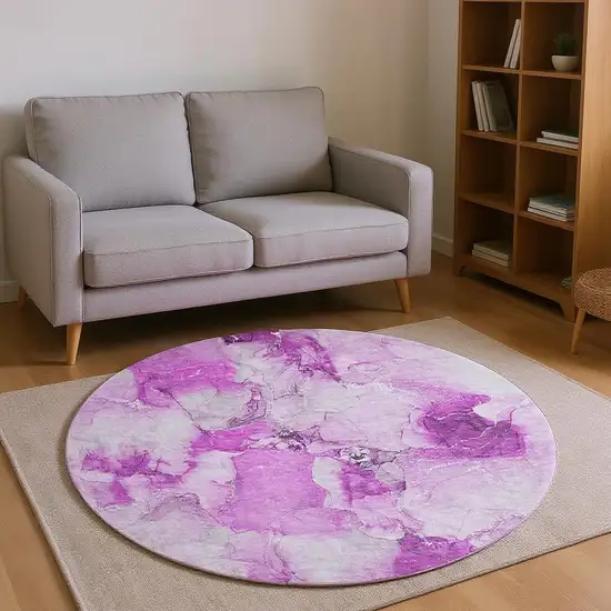 8' Pink And Ivory Abstract Washable Round Rug With UV Protection Photo 2