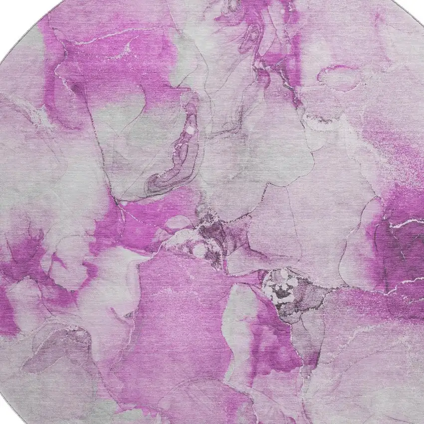 8' Pink And Ivory Abstract Washable Round Rug With UV Protection Photo 3