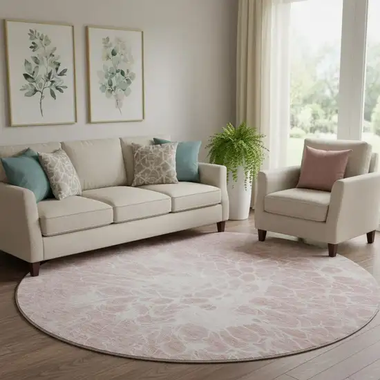 8' Pink And Ivory Abstract Washable Round Rug With UV Protection Photo 1