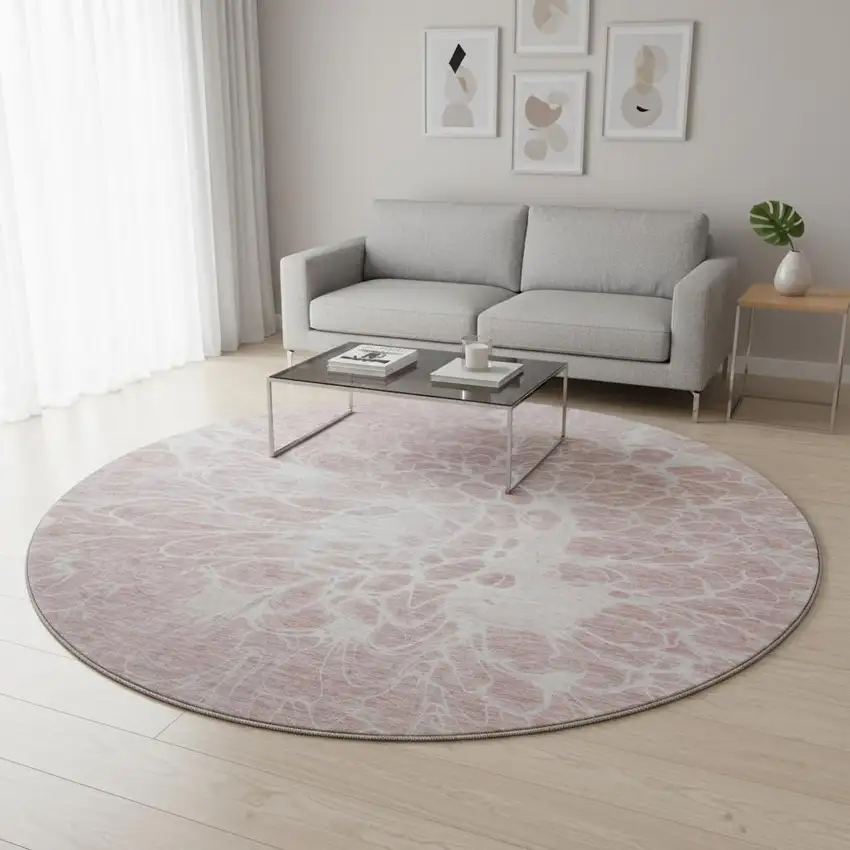 8' Pink And Ivory Abstract Washable Round Rug With UV Protection Photo 2