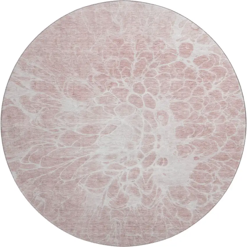 8' Pink And Ivory Abstract Washable Round Rug With UV Protection Photo 1