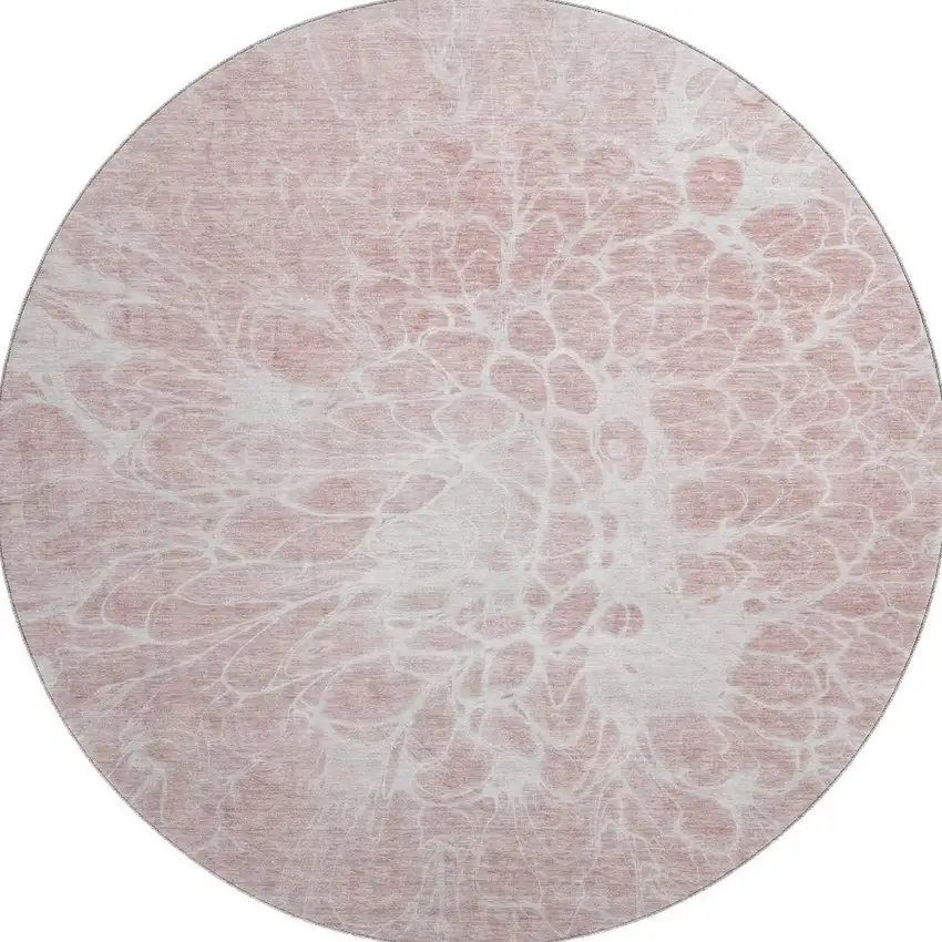 8' Pink And Ivory Abstract Washable Round Rug With UV Protection Photo 4