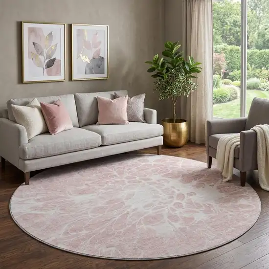 8' Pink And Ivory Abstract Washable Round Rug With UV Protection Photo 1