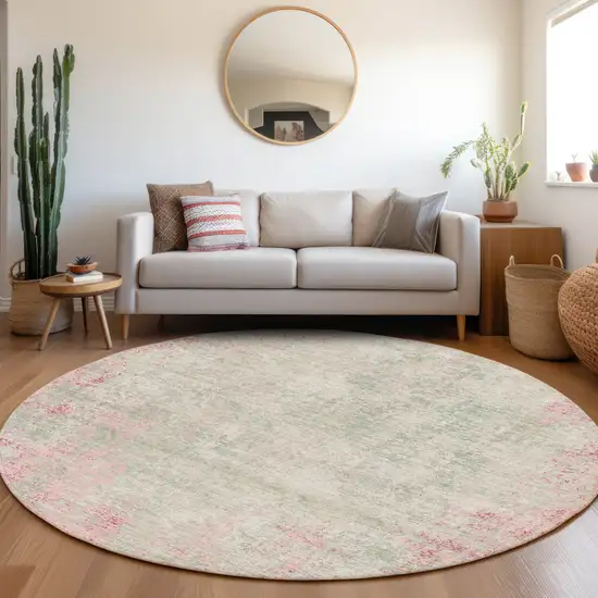 8' Pink And Ivory Abstract Washable Round Rug With UV Protection Photo 4