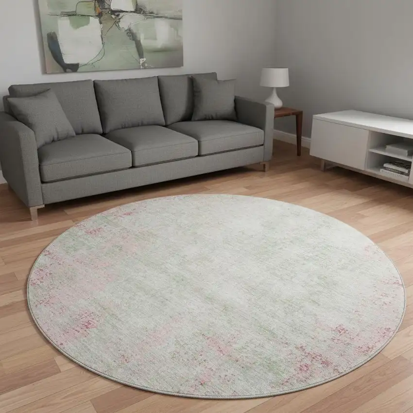 8' Pink And Ivory Abstract Washable Round Rug With UV Protection Photo 2