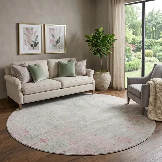 8' Pink And Ivory Abstract Washable Round Rug With UV Protection Photo 1