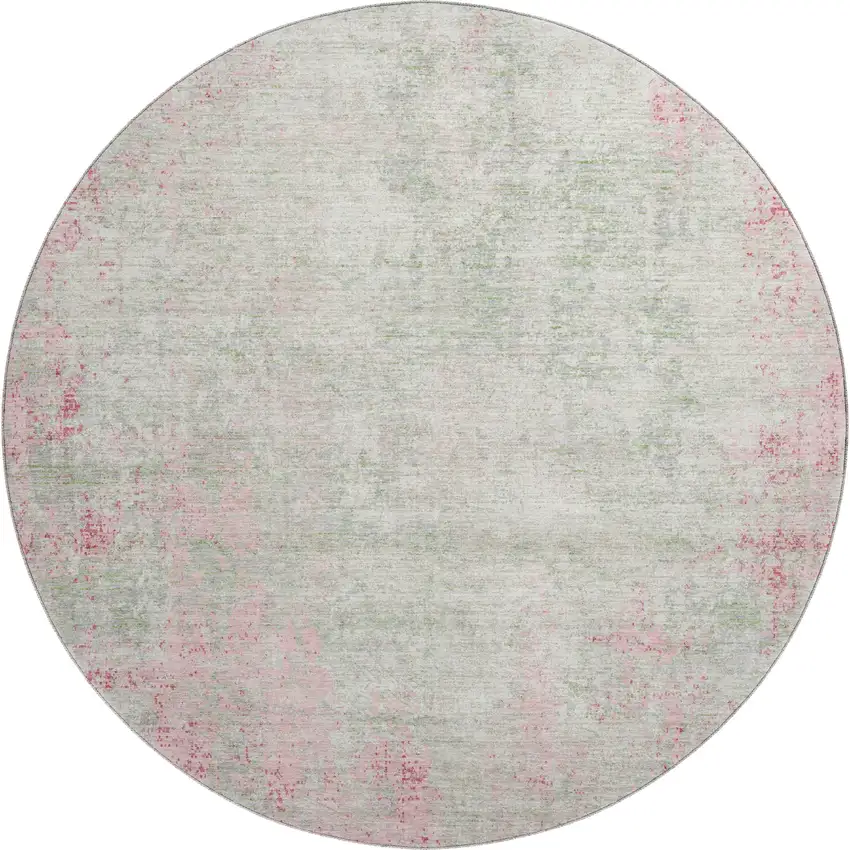 8' Pink And Ivory Abstract Washable Round Rug With UV Protection Photo 1