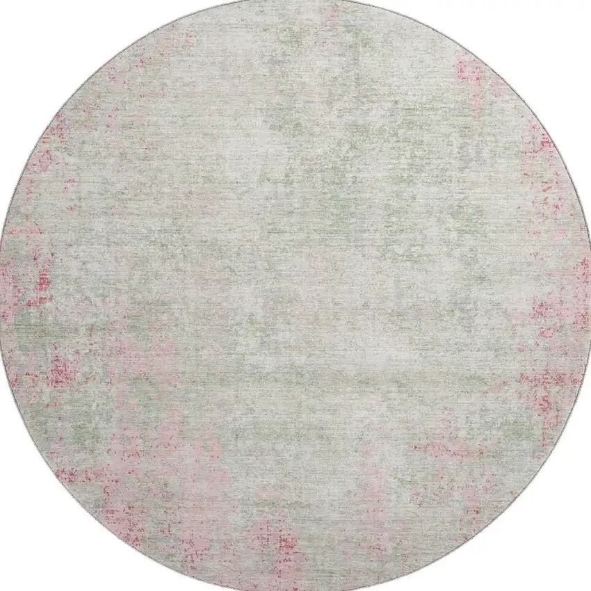8' Pink And Ivory Abstract Washable Round Rug With UV Protection Photo 3