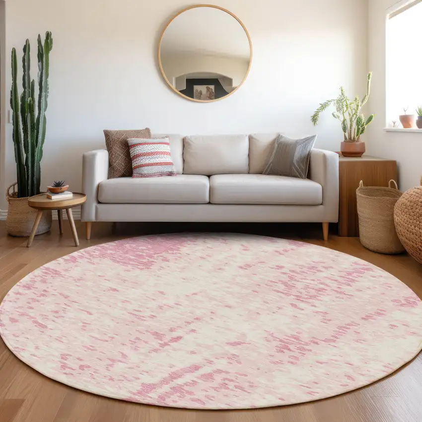 8' Pink And Ivory Abstract Washable Round Rug With UV Protection Photo 4