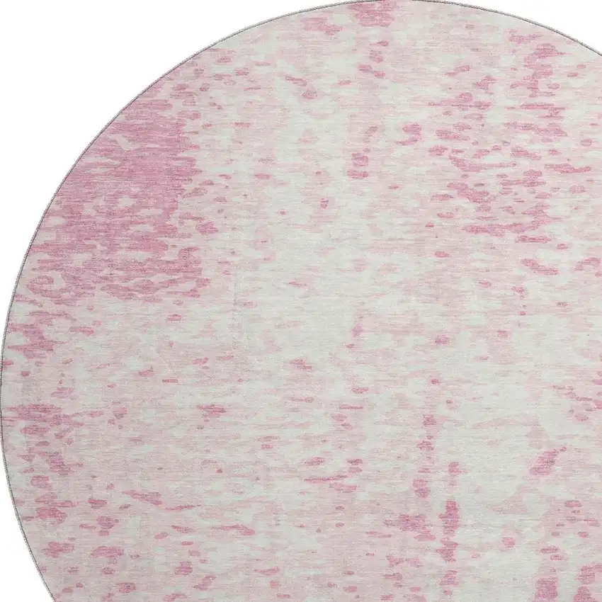 8' Pink And Ivory Abstract Washable Round Rug With UV Protection Photo 2