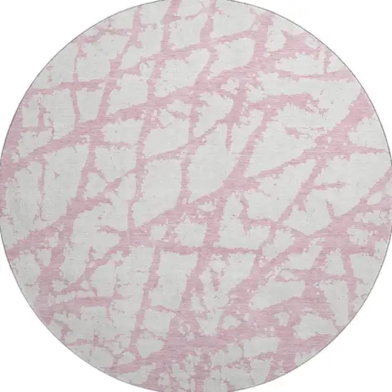 8' Pink And Ivory Abstract Washable Round Rug With UV Protection Photo 3