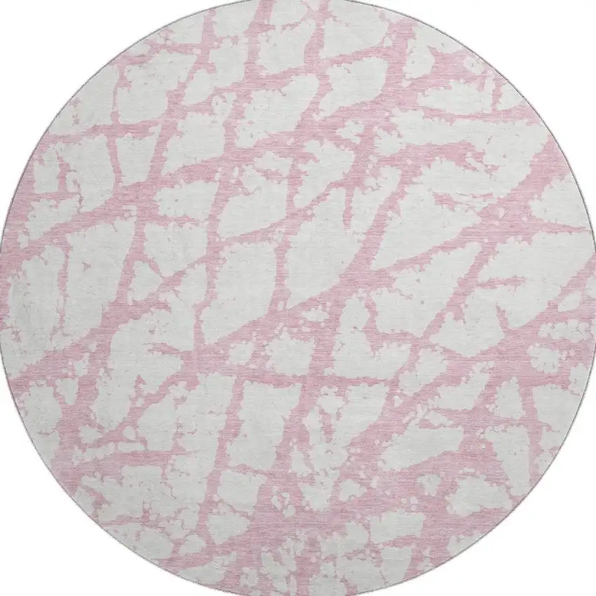 8' Pink And Ivory Abstract Washable Round Rug With UV Protection Photo 3