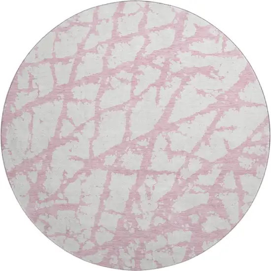 8' Pink And Ivory Abstract Washable Round Rug With UV Protection Photo 1