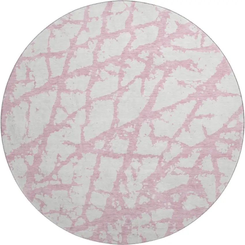 8' Pink And Ivory Abstract Washable Round Rug With UV Protection Photo 1