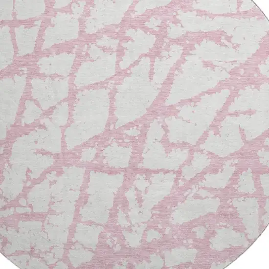 8' Pink And Ivory Abstract Washable Round Rug With UV Protection Photo 2