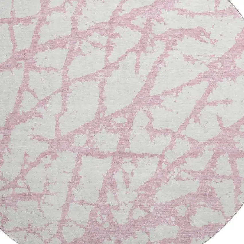 8' Pink And Ivory Abstract Washable Round Rug With UV Protection Photo 2