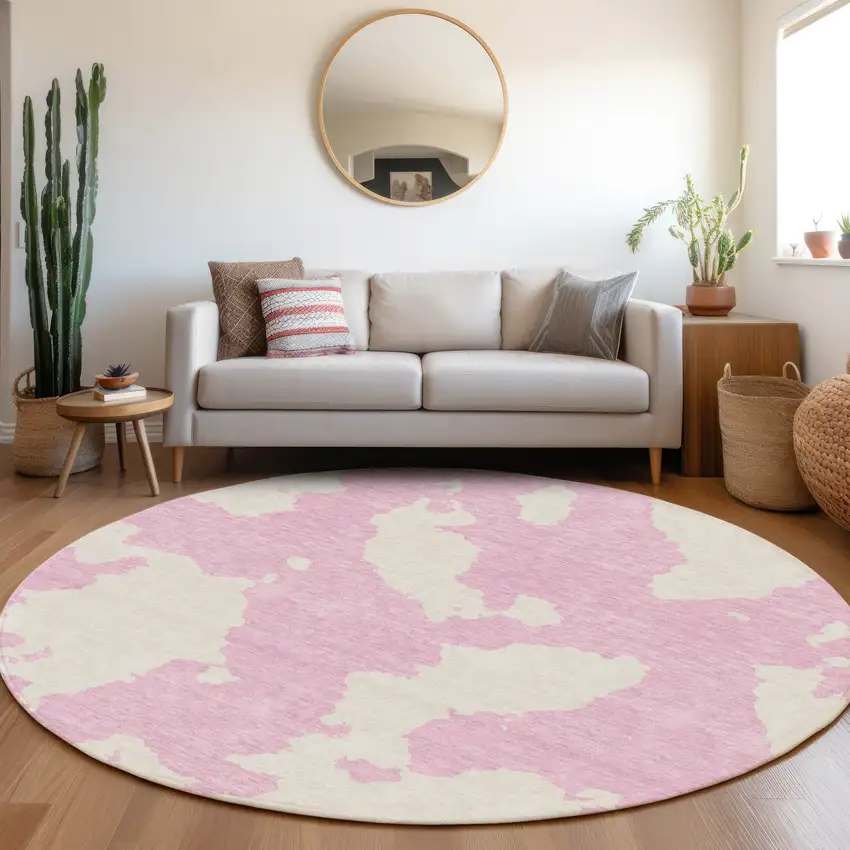 8' Pink And Ivory Abstract Washable Round Rug With UV Protection Photo 4