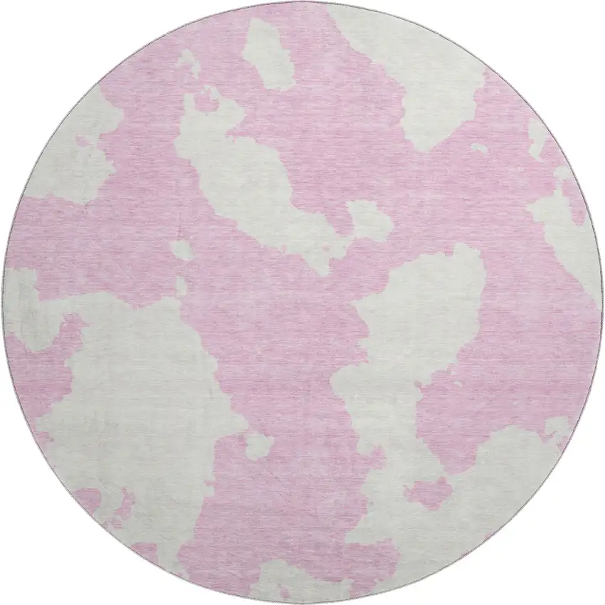8' Pink And Ivory Abstract Washable Round Rug With UV Protection Photo 1