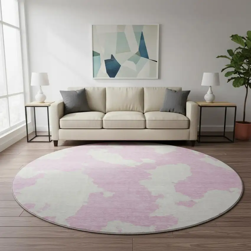 8' Pink And Ivory Abstract Washable Round Rug With UV Protection Photo 2