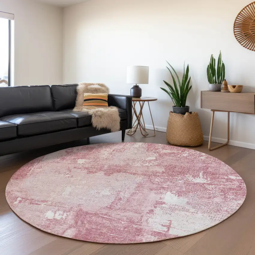 8' Pink And Ivory Abstract Washable Round Rug With UV Protection Photo 4