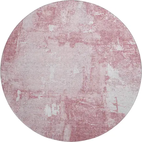 8' Pink And Ivory Abstract Washable Round Rug With UV Protection Photo 1