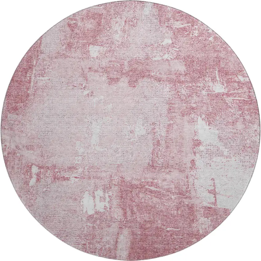 8' Pink And Ivory Abstract Washable Round Rug With UV Protection Photo 1