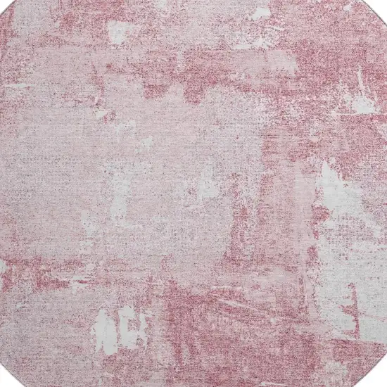 8' Pink And Ivory Abstract Washable Round Rug With UV Protection Photo 2