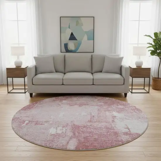 8' Pink And Ivory Abstract Washable Round Rug With UV Protection Photo 2