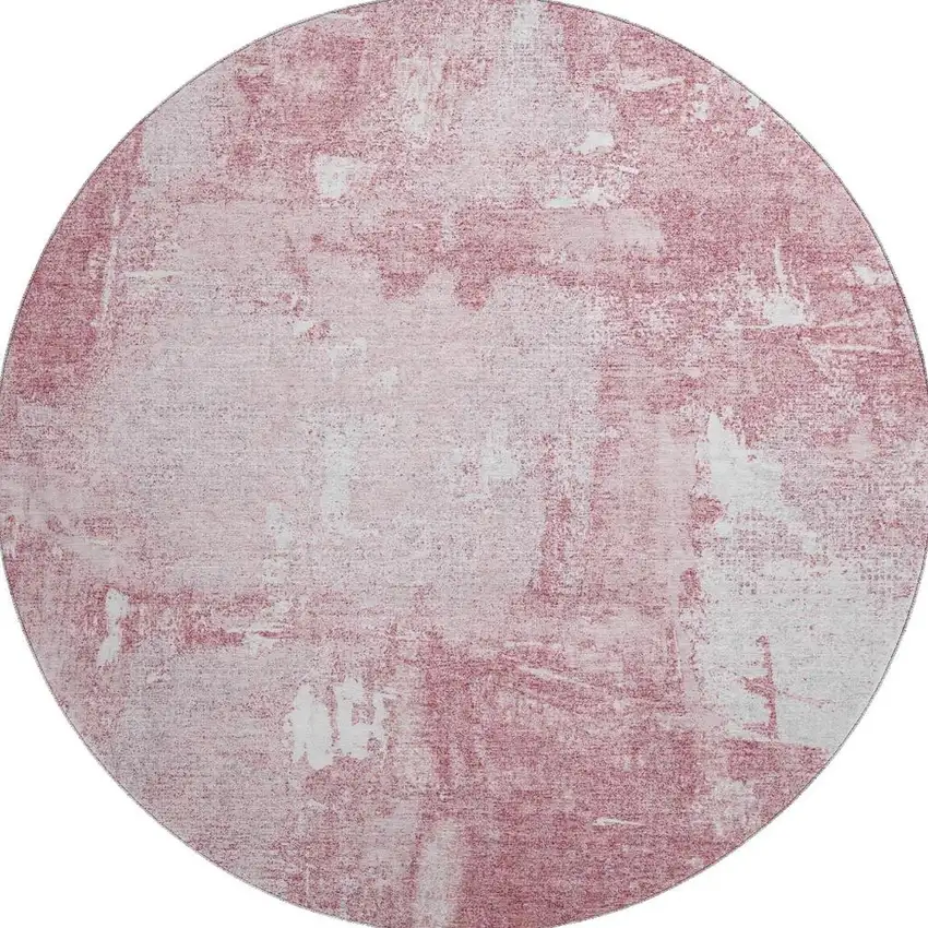 8' Pink And Ivory Abstract Washable Round Rug With UV Protection Photo 3