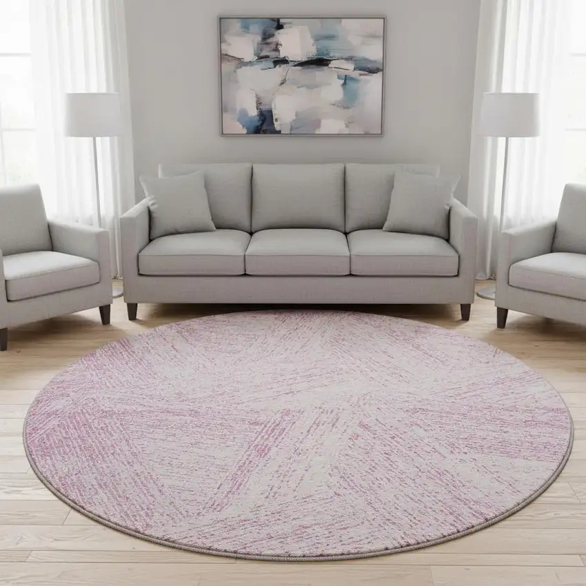 8' Pink And Ivory Abstract Washable Round Rug With UV Protection Photo 2