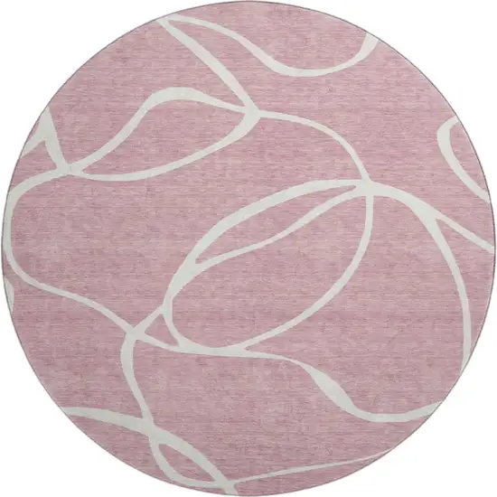 8' Pink And Ivory Abstract Washable Round Rug With UV Protection Photo 1
