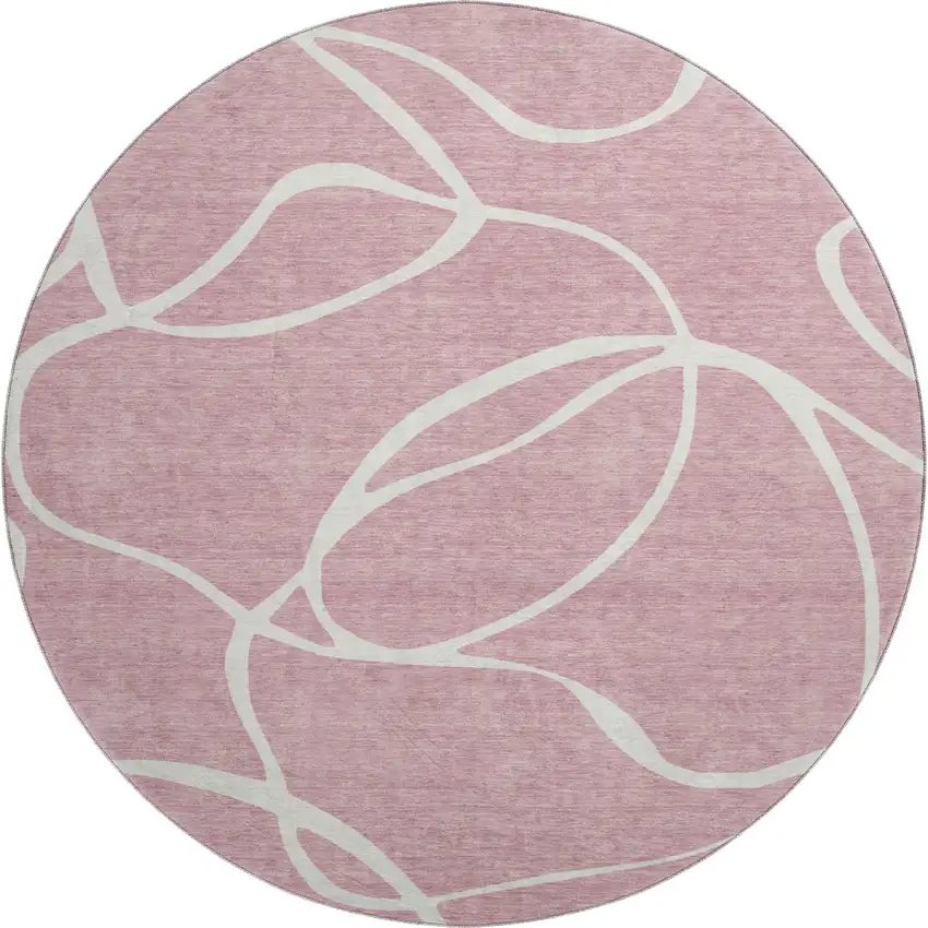 8' Pink And Ivory Abstract Washable Round Rug With UV Protection Photo 1
