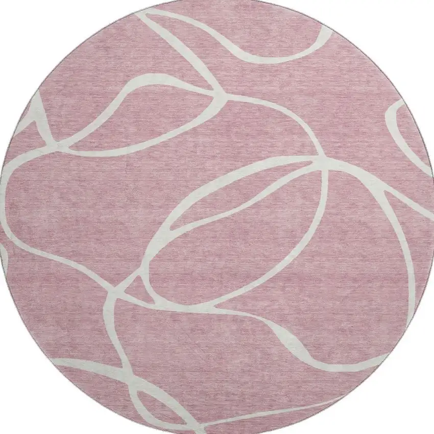 8' Pink And Ivory Abstract Washable Round Rug With UV Protection Photo 3