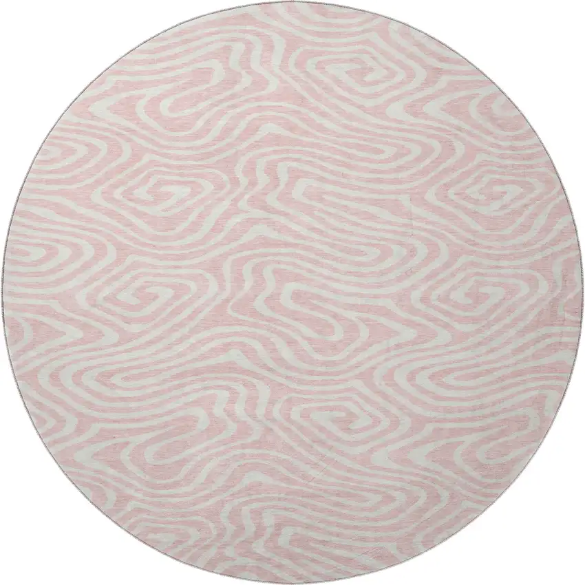 8' Pink And Ivory Abstract Washable Round Rug With UV Protection Photo 3