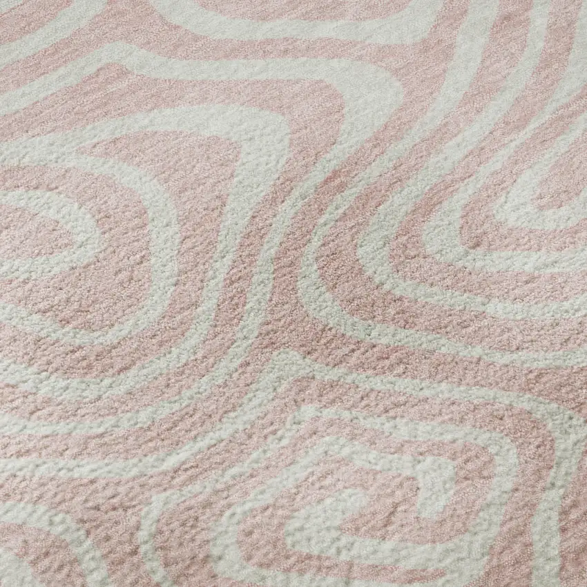 8' Pink And Ivory Abstract Washable Round Rug With UV Protection Photo 8