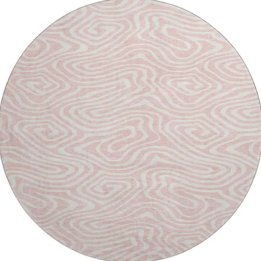 8' Pink And Ivory Abstract Washable Round Rug With UV Protection Photo 2