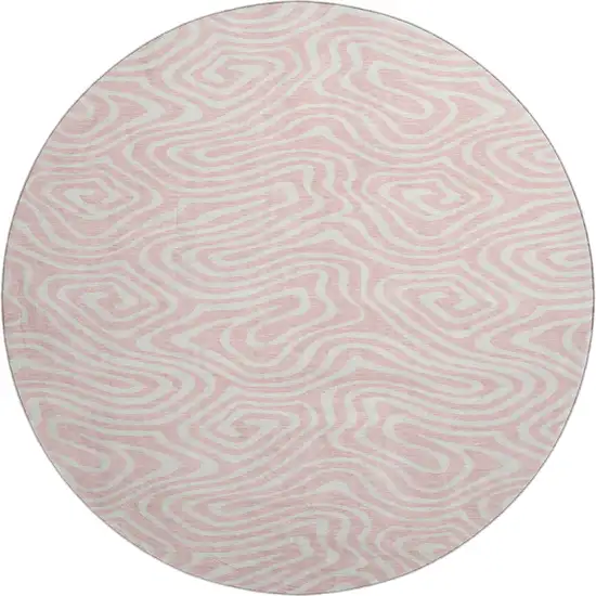 8' Pink And Ivory Abstract Washable Round Rug With UV Protection Photo 1